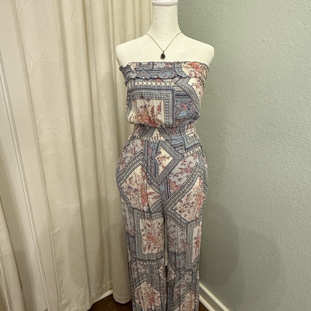 Ces Femme Strapless Patchwork Jumpsuit in Blue and Cream
